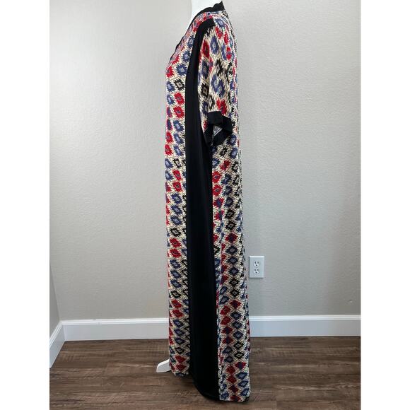 ALM Black Multi Abstract Embroidered V-Neck Boho Ethnic Kaftan Maxi Dress Large - Picture 9 of 13